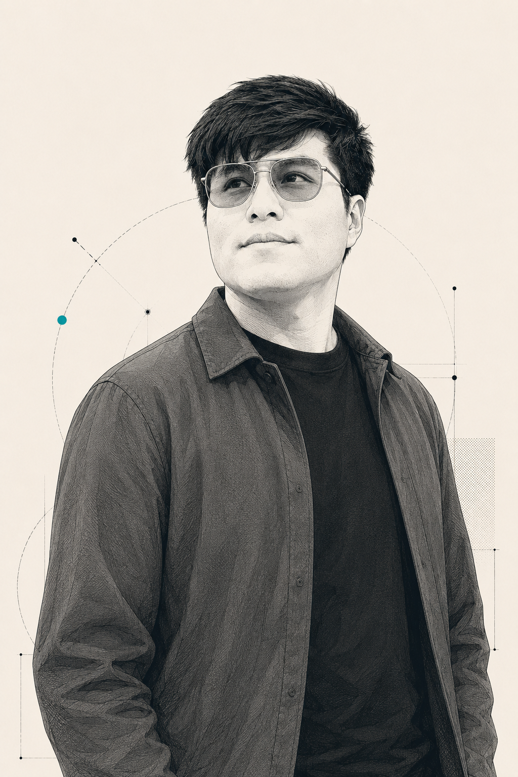 Monochrome editorial portrait of Sergio Jácobo-Zavaleta with glasses and technical geometric details.