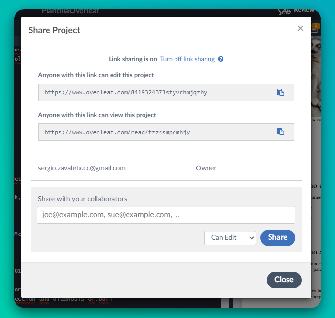 Ventana para compartir un documento con permisos