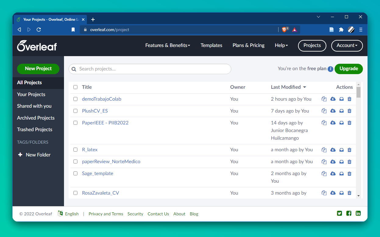 Paso a. Ventana principal de Overleaf