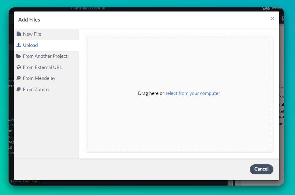 Ventana para subir y enlazar archivos a Overleaf